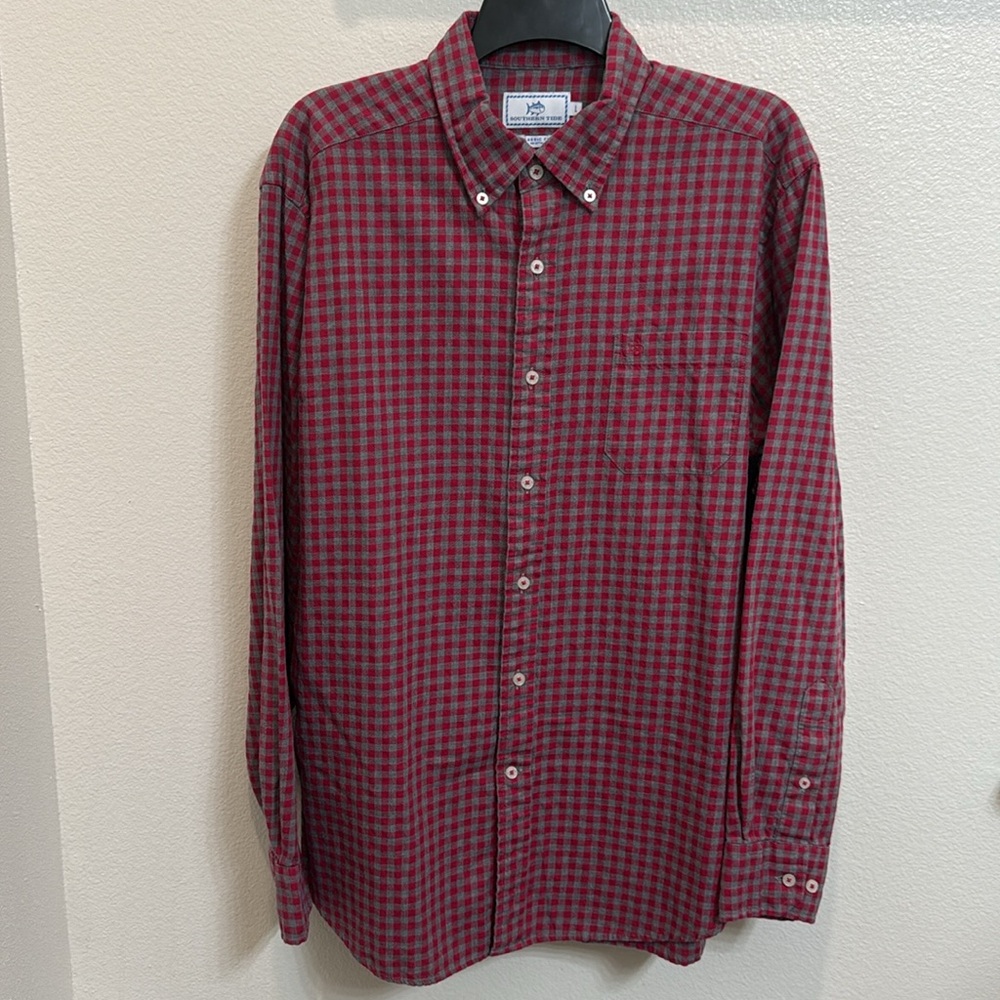 Southern Tide Men's Plaid Button Down Shirt Classic Fit Red Grey Size Large